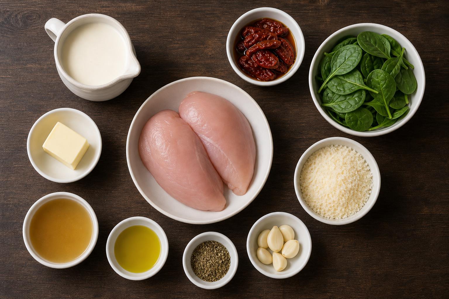 Overhead flat-lay of all ingredients for Creamy Tuscan Chicken (One-Pan, 30 Minutes) laid out on a kitchen surface.