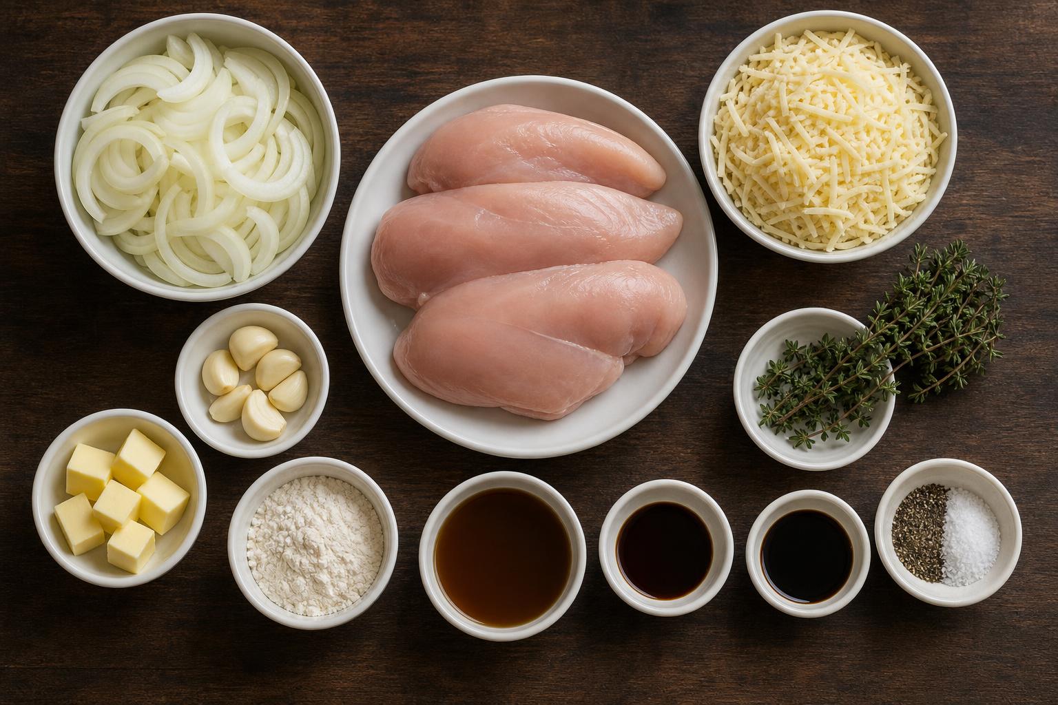Overhead flat-lay of all ingredients for French Onion Chicken (One-Pan, 45 Minutes) laid out on a kitchen surface.