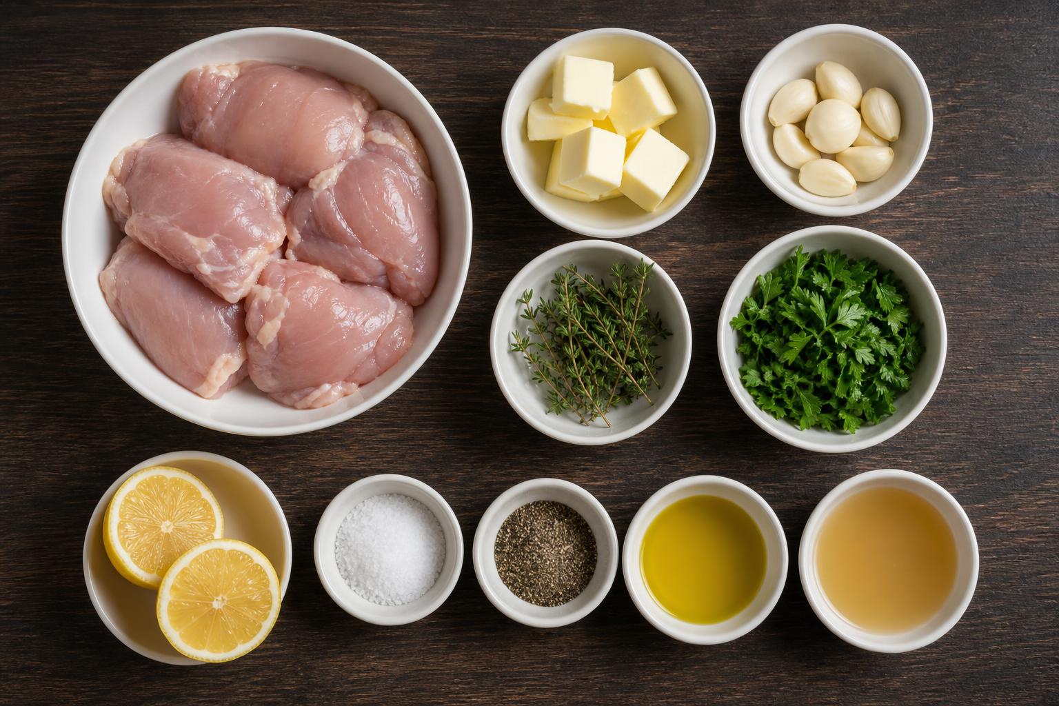 Overhead flat-lay of all ingredients for Garlic Butter Chicken with Veggies laid out on a kitchen surface.