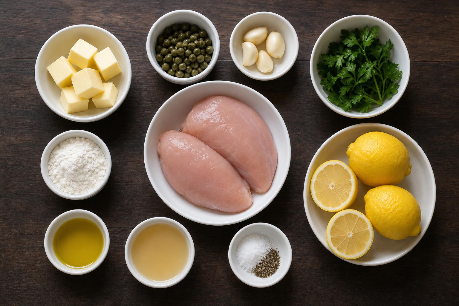 Overhead flat-lay of all ingredients for Lemon Butter Chicken (One-Pan, 25 Minutes) laid out on a kitchen surface.