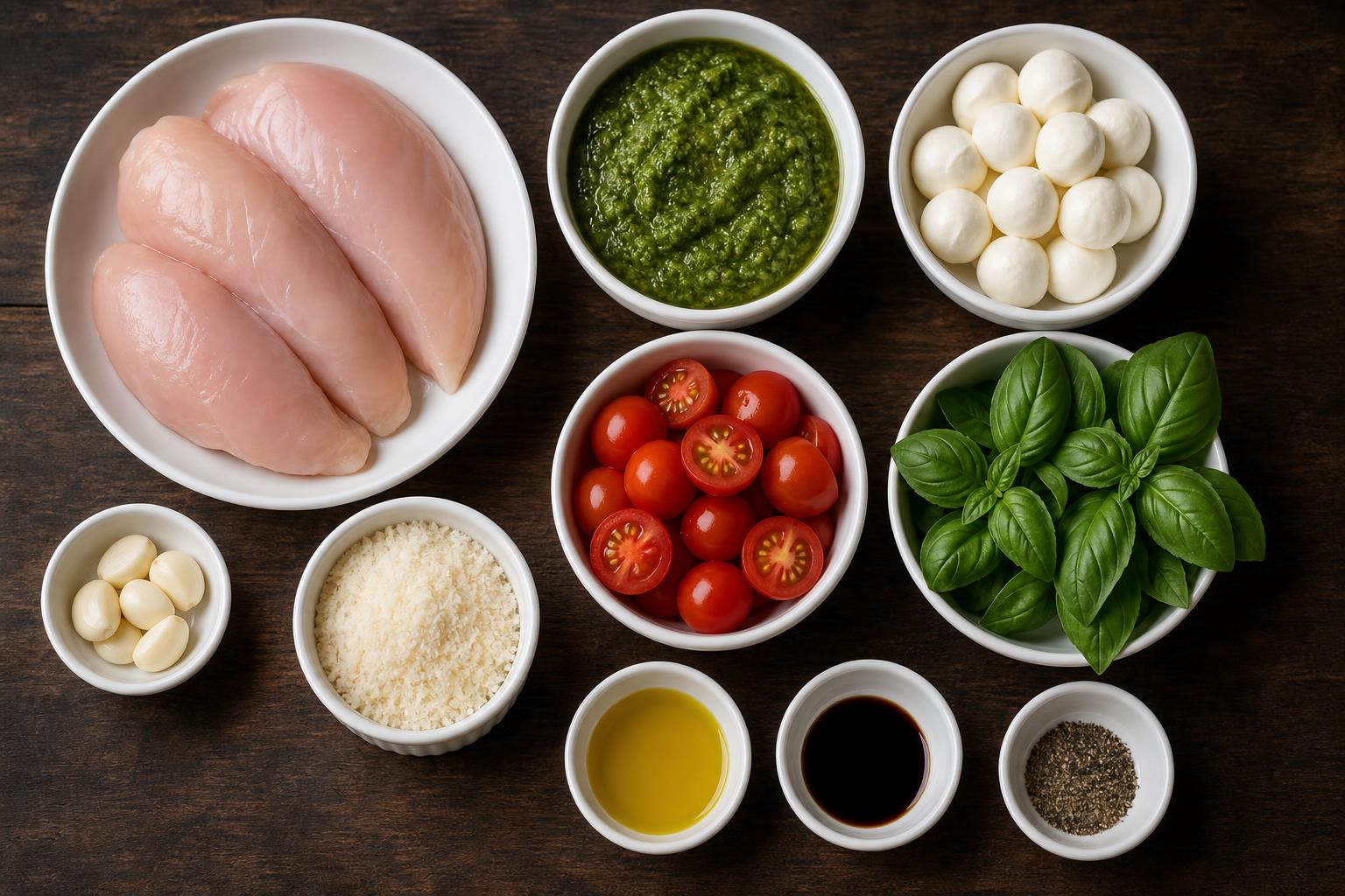Overhead flat-lay of all ingredients for Baked Pesto Chicken (One-Pan, 30 Minutes) laid out on a kitchen surface.